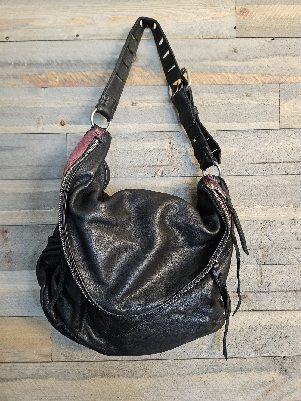 Tylie Malibu Soft Black Leather Shoulder Bag with Burgandy Suede Accents